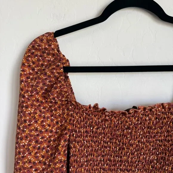 Moody Fall Sz Med Boho Floral Smocked Peasant Balloon Sleeve Crop Top Festival - Picture 10 of 15